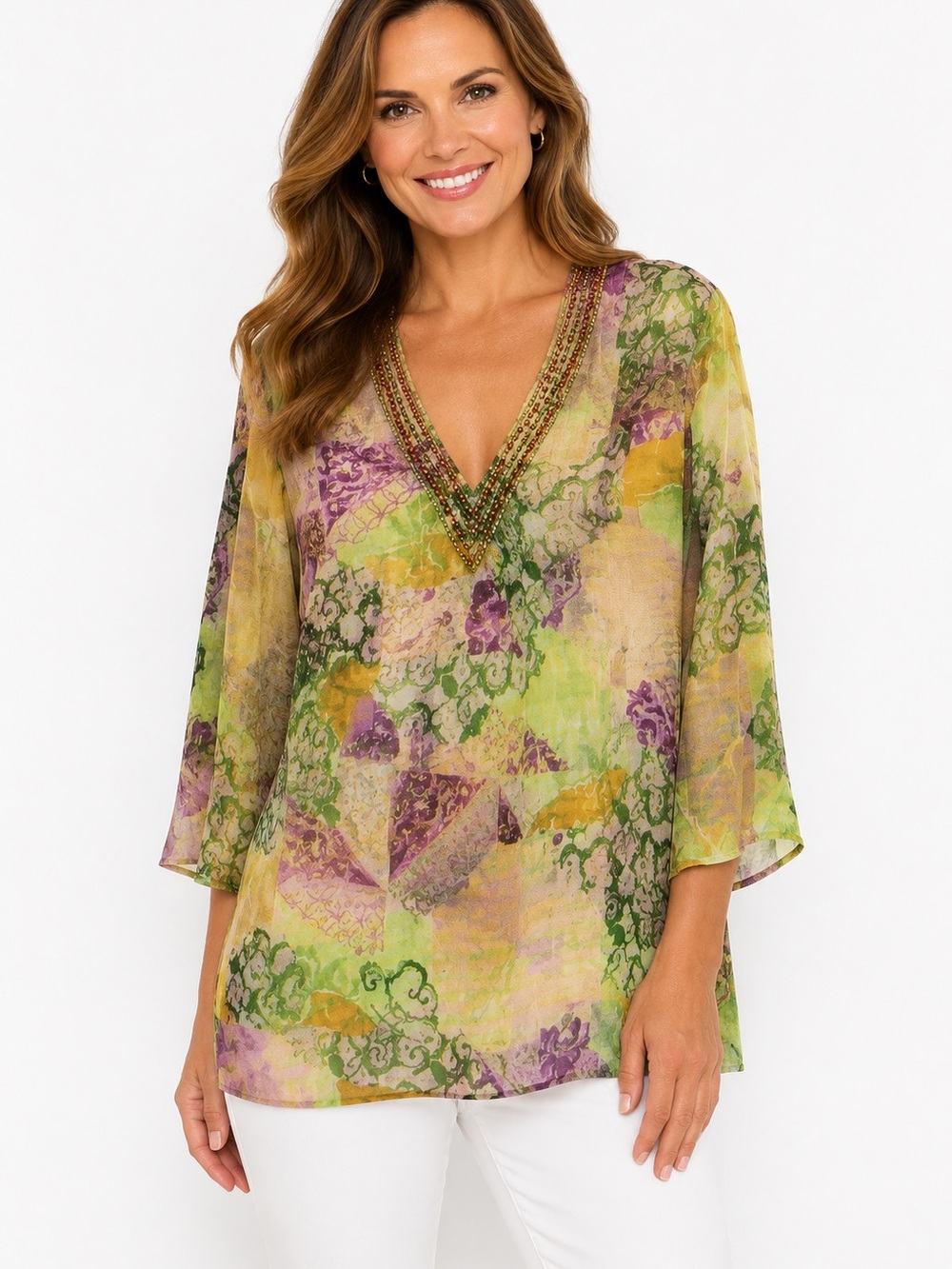 Beaded V-Neck Sheer Tunic in Lime & Lavender Hues